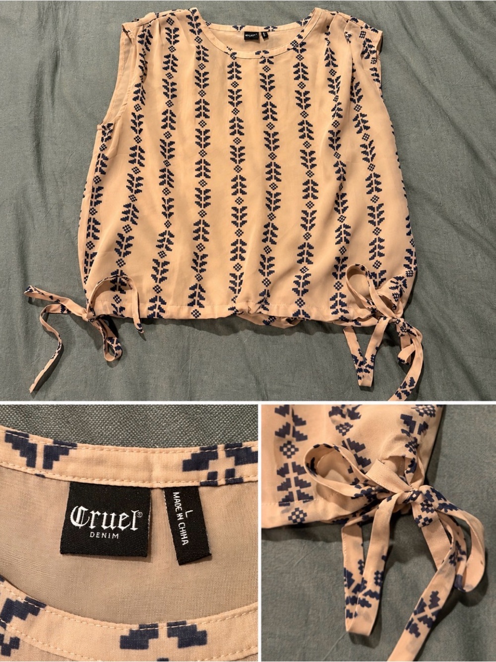 Cruel Denim Beige Printed Tie-Hem Sleeveless Blouse